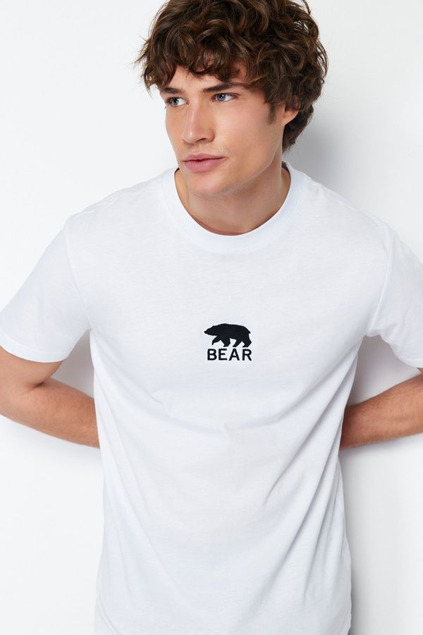 Trendyol Trendyol White Regular/Regular Cut Bear/Animal Embroidery 100% Cotton Short Sleeve T-Shirt