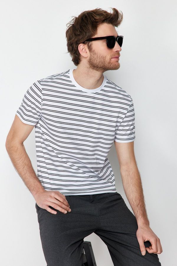 Trendyol Trendyol White Regular/Regular Fit Striped 100% Cotton T-Shirt