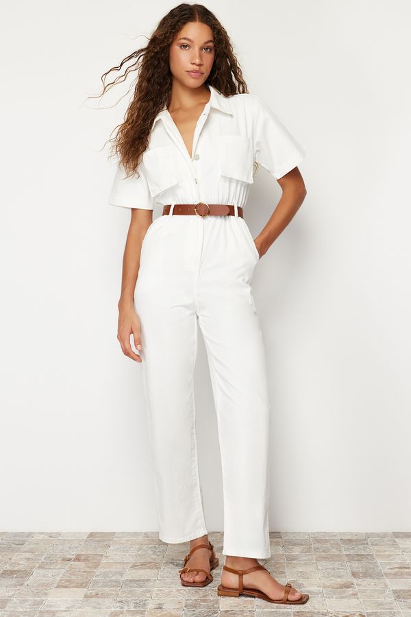 Trendyol Trendyol White Short Sleeve Belted Denim Jumpsuit