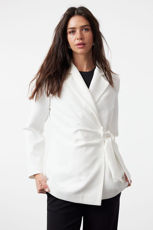 Trendyol Trendyol White Side Tie Detailed Lined Double Breasted Woven Jacket