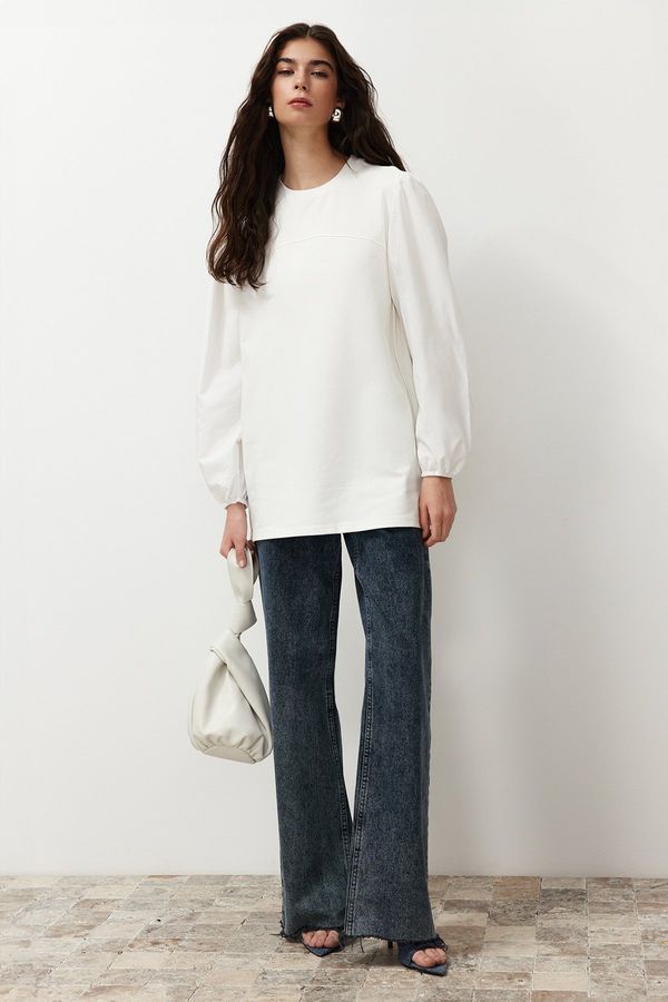 Trendyol Trendyol White Sleeve Poplin Knitted Sweatshirt