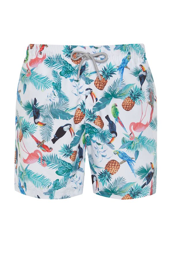 Trendyol Trendyol White Standard Size Pineapple & Parrot Patterned Swim Shorts