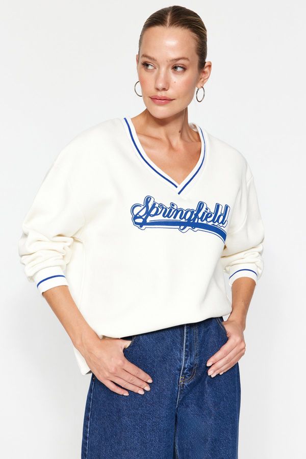 Trendyol Trendyol White Thick Fleece Inner Tricot Tape Detailed V-Neck Oversized Knitted Sweatshirt