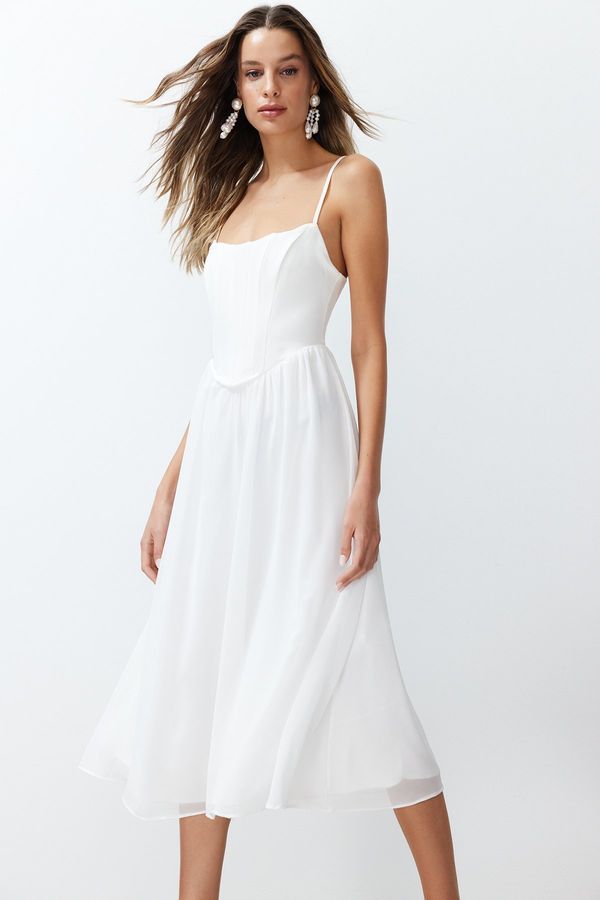Trendyol Trendyol White Waist Opening/Skater Lined Corset Detailed Tulle Elegant Evening Dress