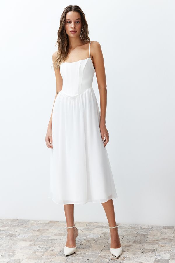 Trendyol Trendyol White Waist Opening/Skater Lining Corset Detailed Tulle Elegant Evening Dress