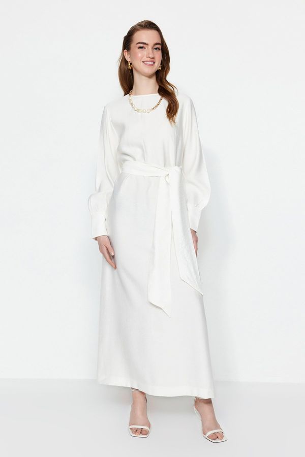 Trendyol Trendyol White Wide Belted Zipper Cuff Woven Linen Look Dress