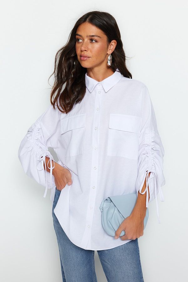 Trendyol Trendyol White Woven Cotton Shirt with Adjustable Gathering Detail on Sleeves