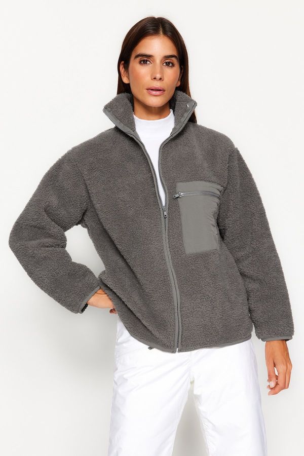 Trendyol Trendyol Winter Essentials Anthracite Thick Fleece Zippered Stand-Up Collar Pocket Knitted Sweatshirt