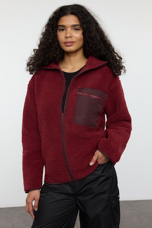 Trendyol Trendyol Winter Essentials Burgundy Thick Fleece Zipper Stand Collar Pocket Knitted Sweatshirt