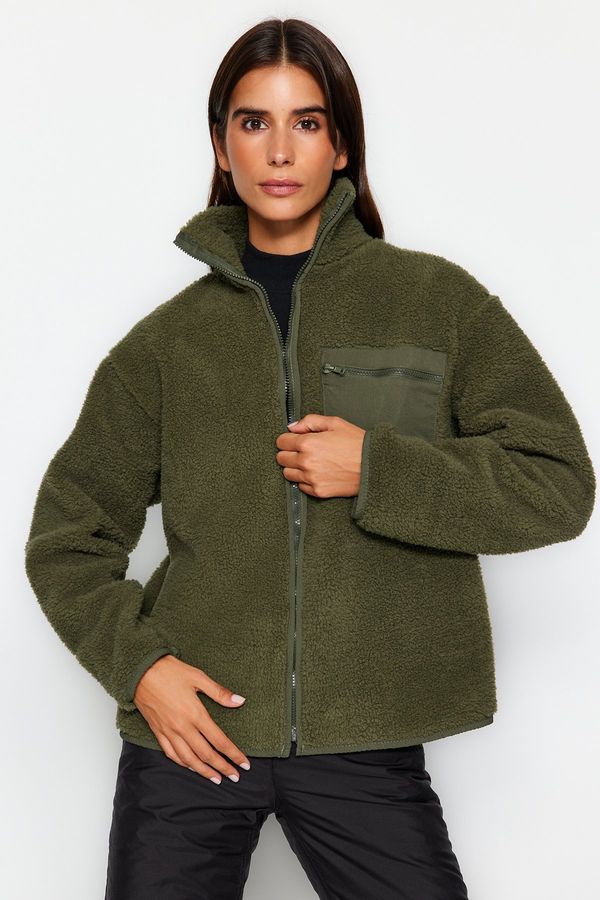 Trendyol Trendyol Winter Essentials Khaki Thick Fleece Zipper High Neck Long Sleeve Pocket Knitted Sweatshirt