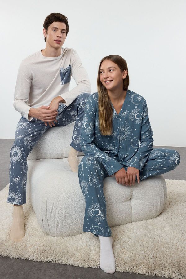 Trendyol Trendyol Women's Couple Blue Galaxy Patterned Viscose Woven Pajama Set