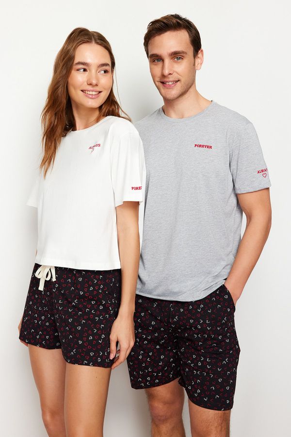 Trendyol Trendyol Women's Couple Ecru 100% Cotton Motto Embroidered Knitted Pajamas Set