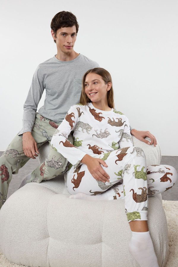 Trendyol Trendyol Women's Couple White 100% Cotton Animal Patterned Knitted Pajama Set