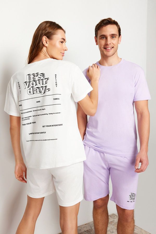 Trendyol Trendyol Women's Ecru 100% Cotton Slogan Printed Knitted Pajamas Set