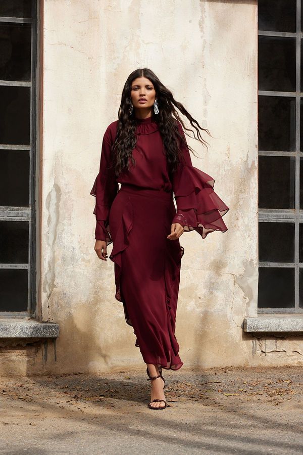 Trendyol Trendyol X AI Burgundy Ruffle Sleeve Chiffon Tunic