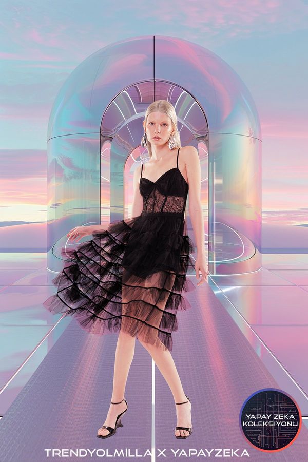 Trendyol Trendyol X Artificial Intelligence Black A-Line Woven Tulle Elegant Evening Dress