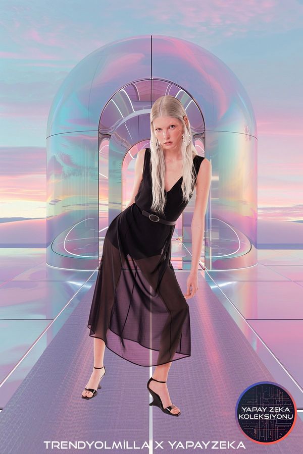 Trendyol Trendyol X Artificial Intelligence Black Inside Tulum Detailed Artificial Leather Arched Weaving Chiffon Dress