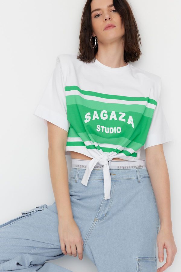 Trendyol Trendyol X Sagaza Studio Ecru Binding Detailed Printed T-Shirt