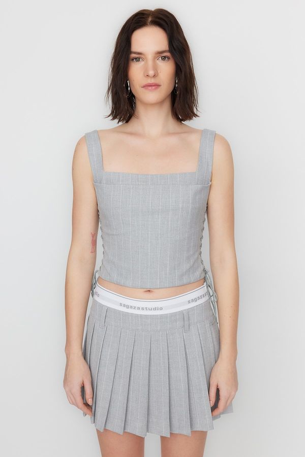 Trendyol Trendyol X Sagaza Studio Gray Striped Tie Detailed Blouse