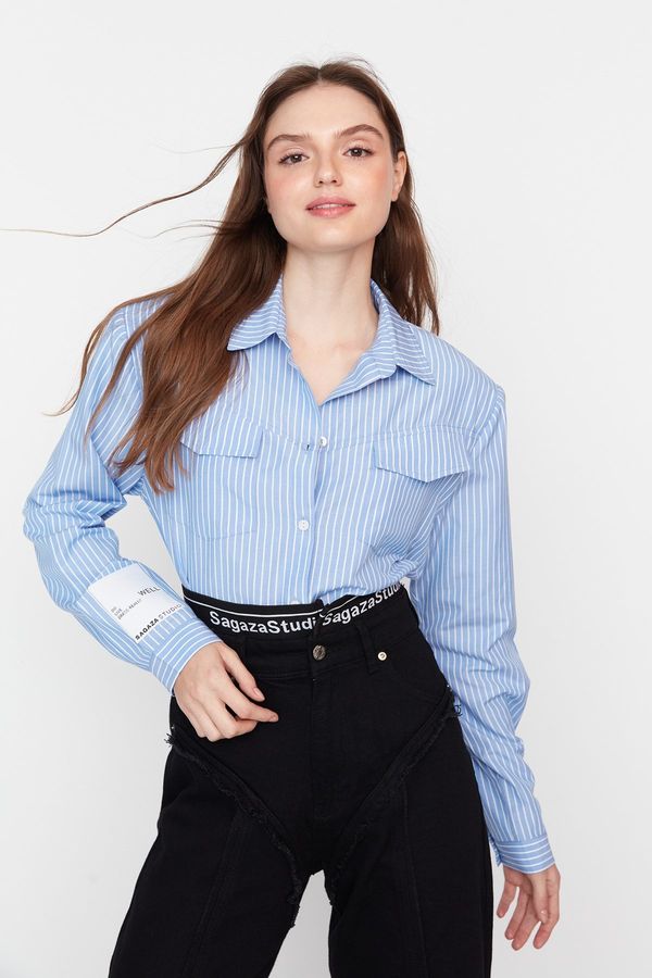 Trendyol Trendyol X Sagaza Studio White-Blue Pocket Detailed Shirt