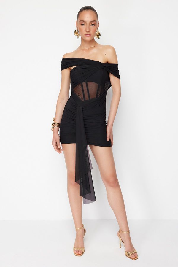Trendyol Trendyol X Zeynep Tosun Black Knitted Tulle Detailed Elegant Evening Dress