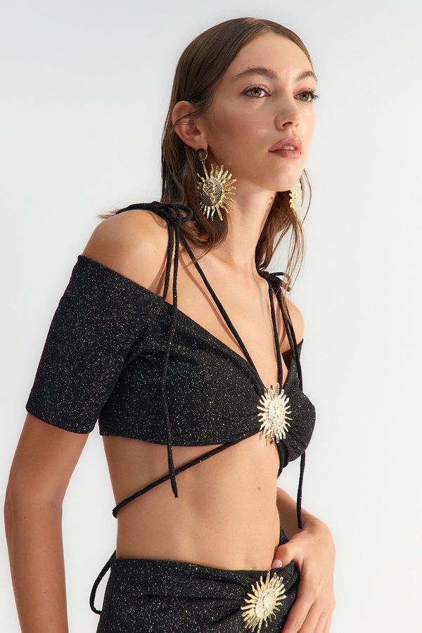 Trendyol Trendyol X Zeynep Tosun Black Sunglasses Accessory Detailed Glittery Knitted Bustier