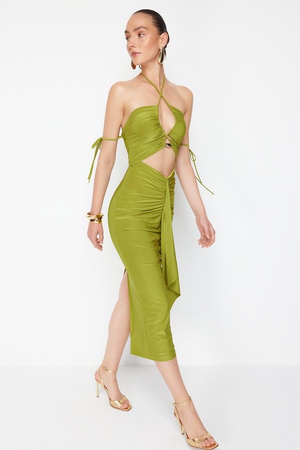 Trendyol Trendyol X Zeynep Tosun Oil Green Elegant Evening Dress with Knitted Window and Accessory Detail