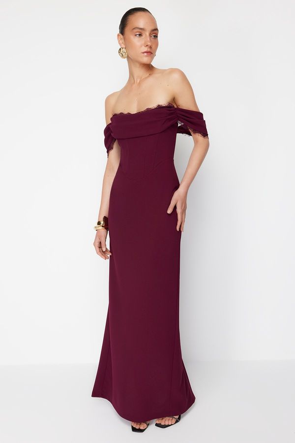 Trendyol Trendyol X Zeynep Tosun Plum Knitted Carmen Collar Lace Long Evening Dress & Graduation Dress