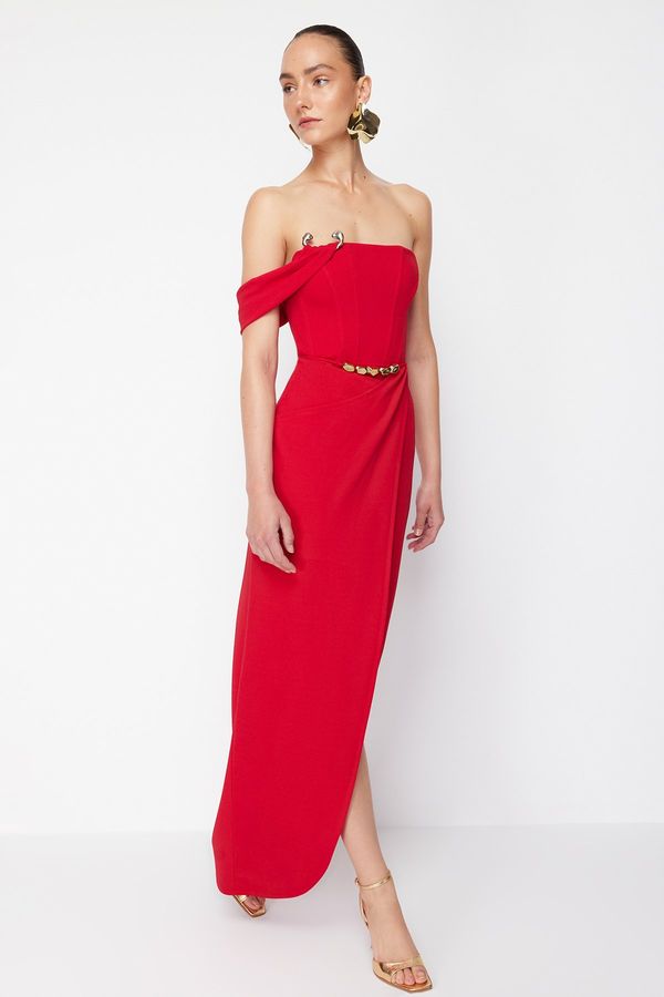Trendyol Trendyol X Zeynep Tosun Red Wrap Knitted Long Evening Dress & Graduation Dress with Accessory Detail