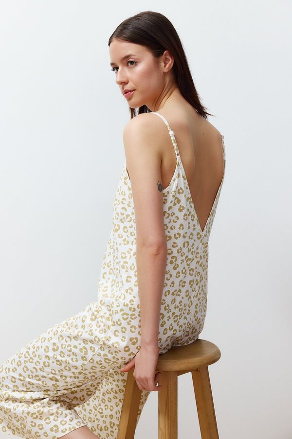Trendyol Trendyol Yellow 100% Cotton Leopard Patterned Rope Strap Knitted Jumpsuit