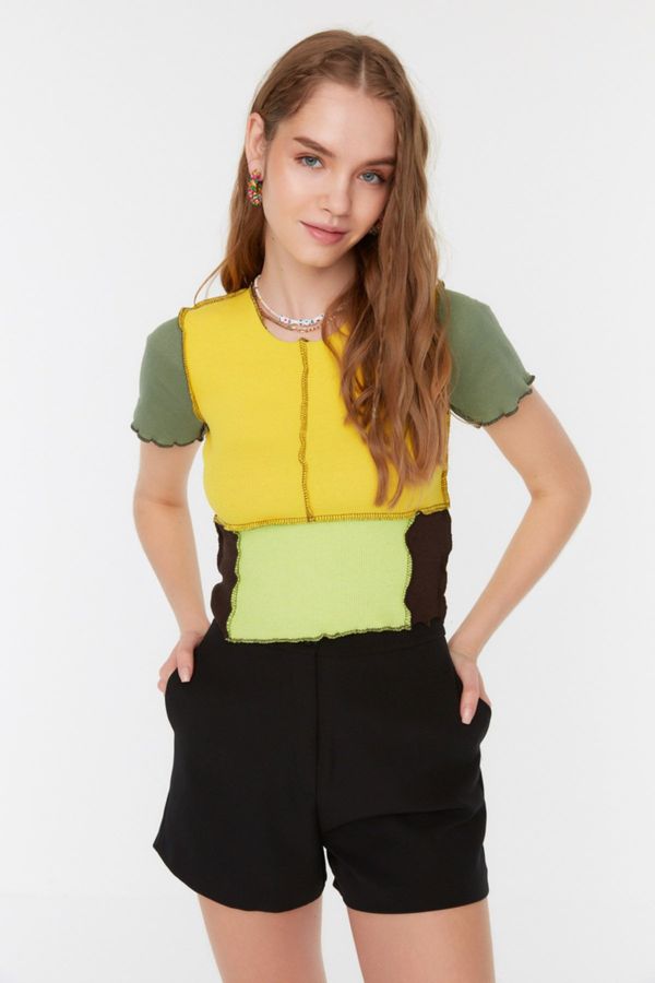 Trendyol Trendyol Yellow Color Block Corduroy Crop Knitted Blouse