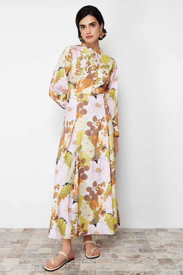 Trendyol Trendyol Yellow Floral Patterned Cotton Woven Dress with Flared Skirt