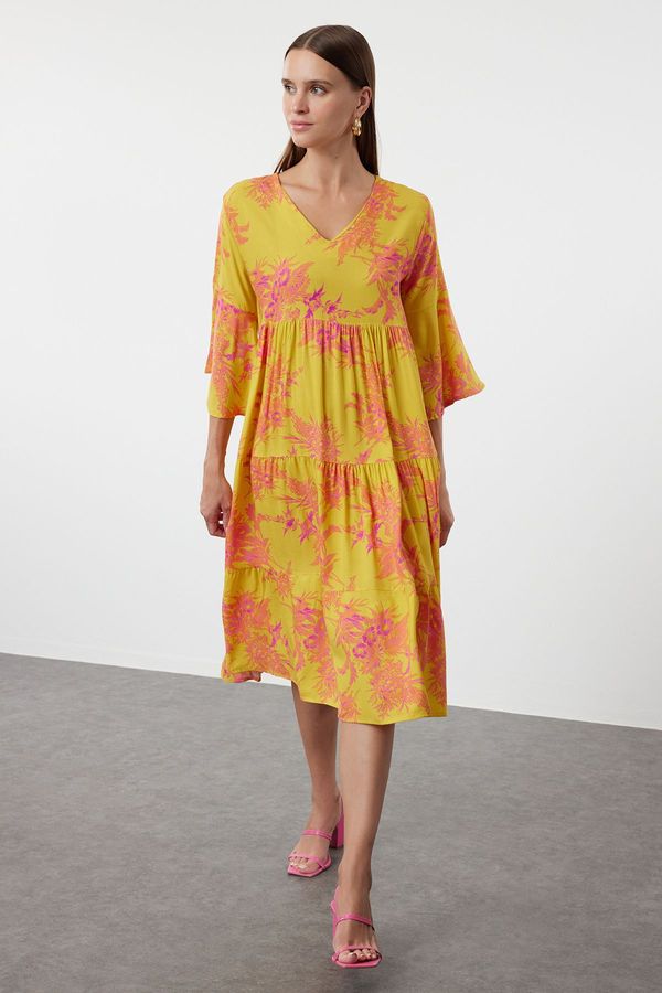 Trendyol Trendyol Yellow Floral Patterned Wide Cut V-Neck Woven Dress Woven Dress