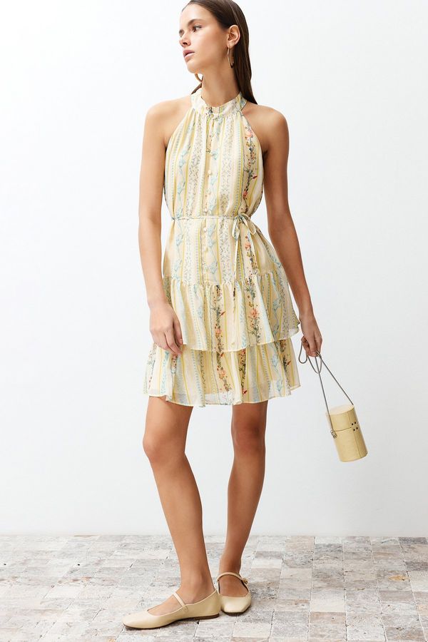 Trendyol Trendyol Yellow Floral Print A-Cut Layer Mini Lined Chiffon Woven Dress