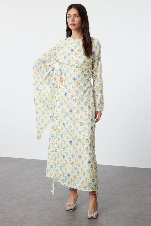 Trendyol Trendyol Yellow Shawl Collar Floral Patterned Woven Evening Dress