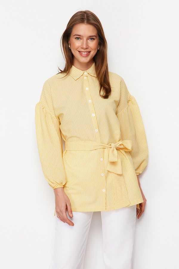 Trendyol Trendyol Yellow Striped Belted Balloon Back Sleeve Long Woven Shirt