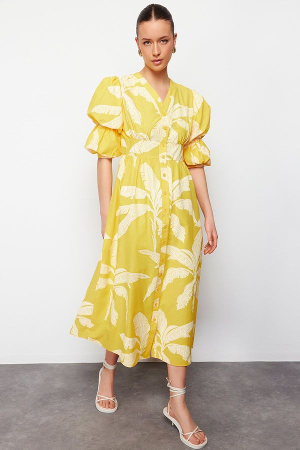 Trendyol Trendyol Yellow V-neck Floral Print Half Balloon Sleeve Woven Shirt Dress