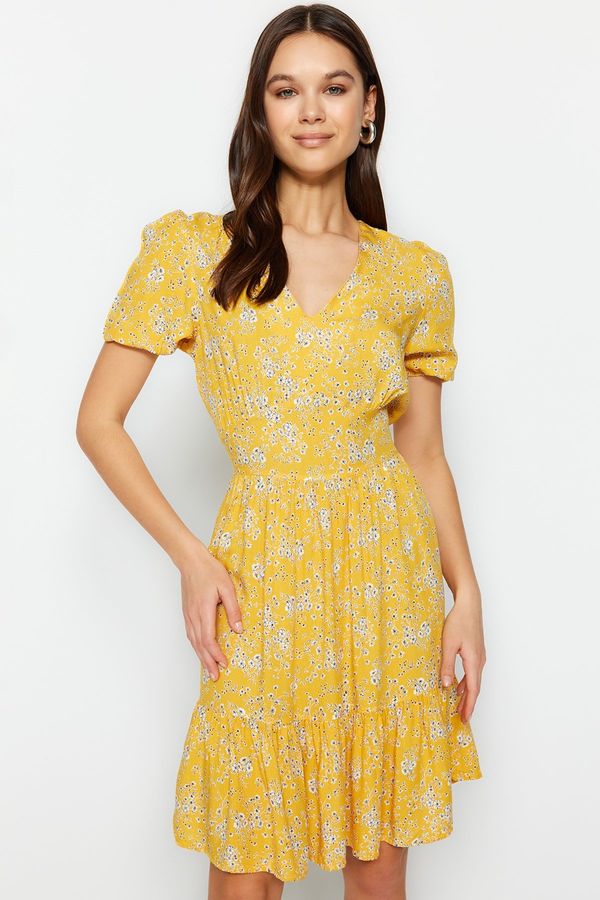 Trendyol Trendyol Yellow Waist Opened Mini Floral Patterned Woven Dress