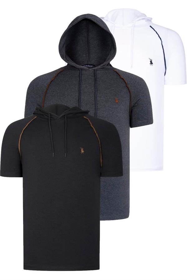 dewberry TRIPLE SET T8570 DEWBERRY HOODED MEN'S T-SHIRT-ANTHRACITE-WHITE-BLACK