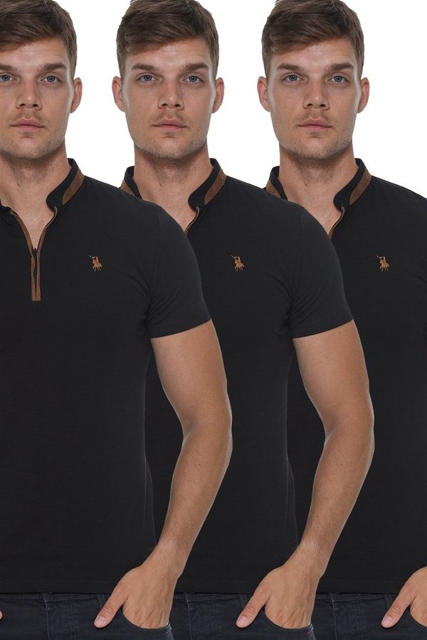 dewberry TRIPLE SET T8571 DEWBERRY ZIPPER MEN'S T-SHIRT-BLACK-BLACK-BLACK