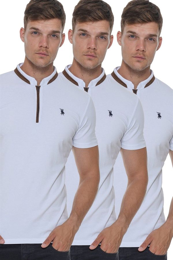 dewberry TRIPLE SET T8571 DEWBERRY ZIPPER MEN'S T-SHIRT-WHITE-WHITE-WHITE