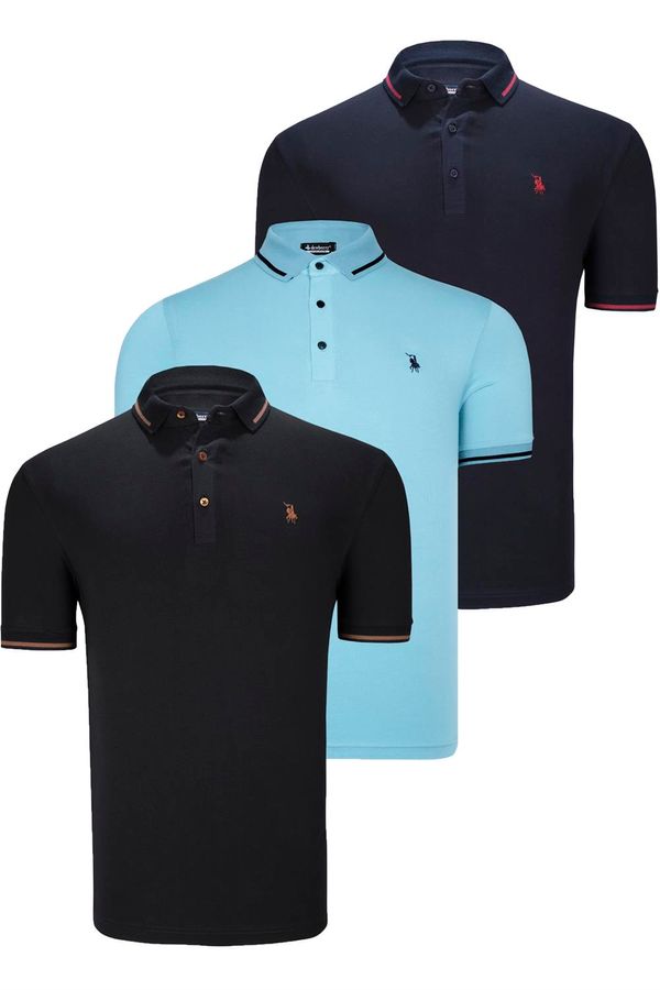 dewberry TRIPLE SET T8586 DEWBERRY MEN'S T-SHIRT-BLACK-NAVY-CYAN