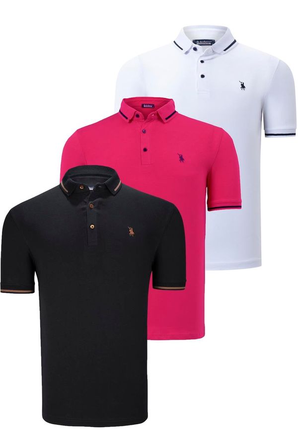 dewberry TRIPLE SET T8586 DEWBERRY MEN'S T-SHIRT-BLACK-WHITE-FUCHSIA