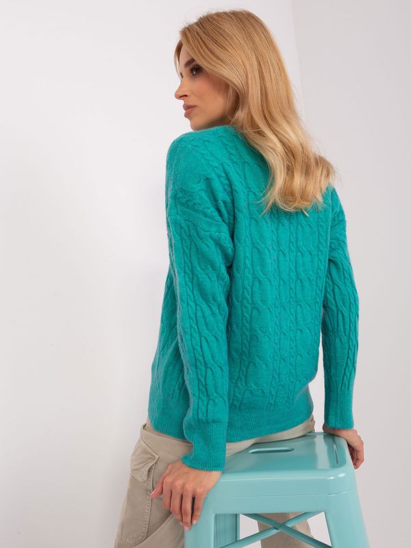 Fashionhunters Turquoise sweater with cables and round neckline