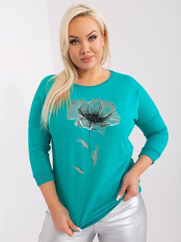 Fashionhunters Turquoise women's plus size blouse with appliqué