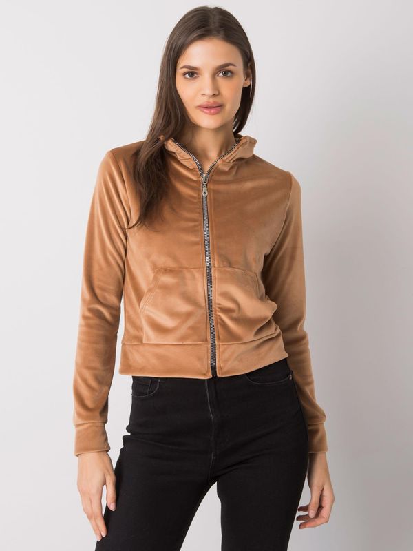 Fashionhunters Velour sweatshirt RUE PARIS Camel with zip closure