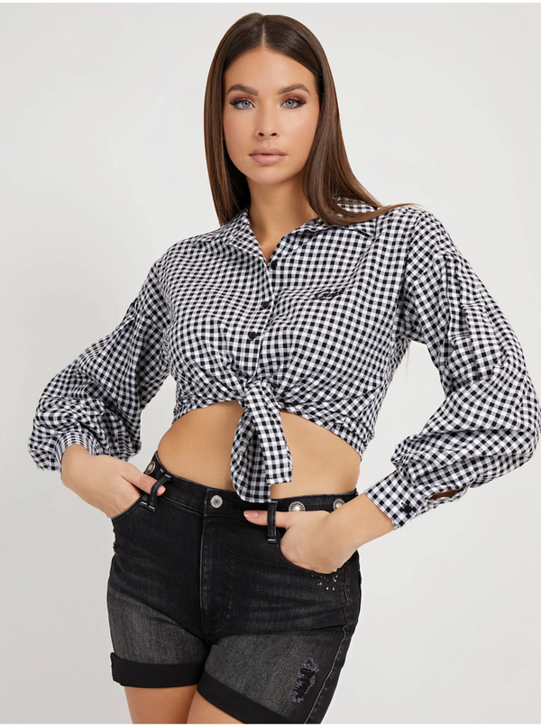Guess White and Black Ladies Plaid Shirt with Balloon Sleeves Guess - Ladies