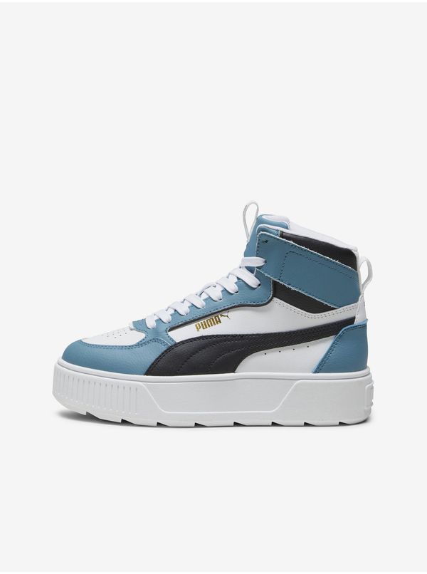 Puma White and Blue Women's Leather Ankle Sneakers on Puma Kar Platform - Ladies