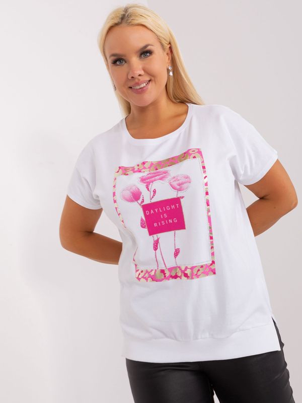 Fashionhunters White and pink blouse with round neckline plus size