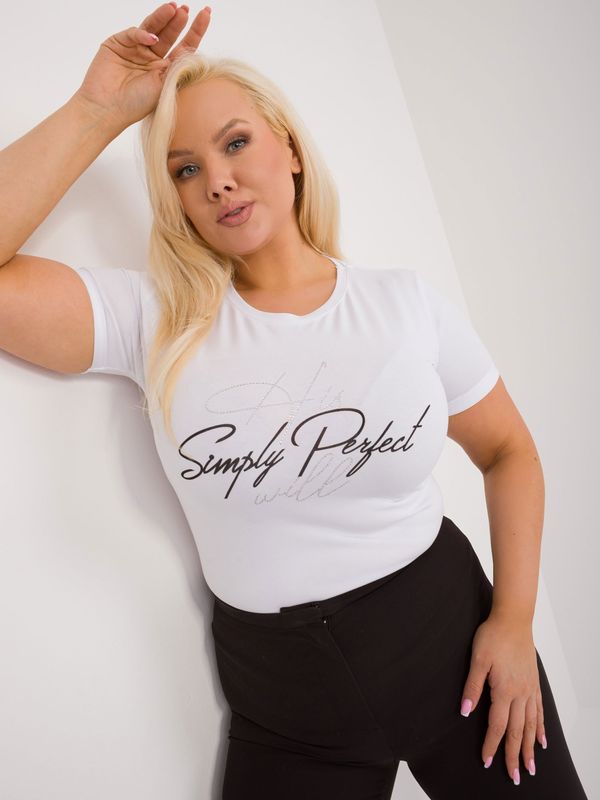 Fashionhunters White cotton T-shirt plus size with rhinestones